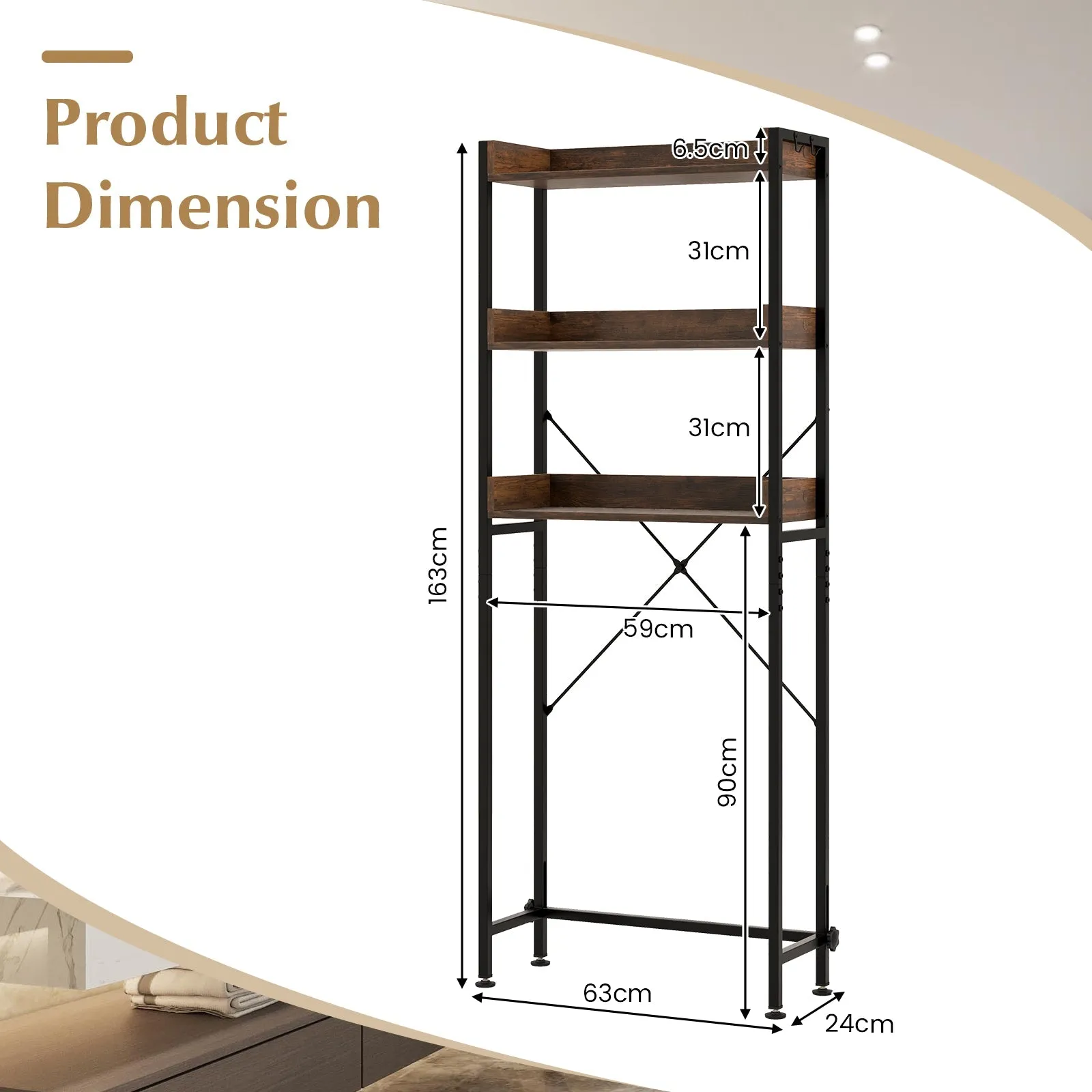 3-Tier Over The Toilet Storage Rack with 4 Hooks and Adjustable Bottom Bar-Rustic Brown