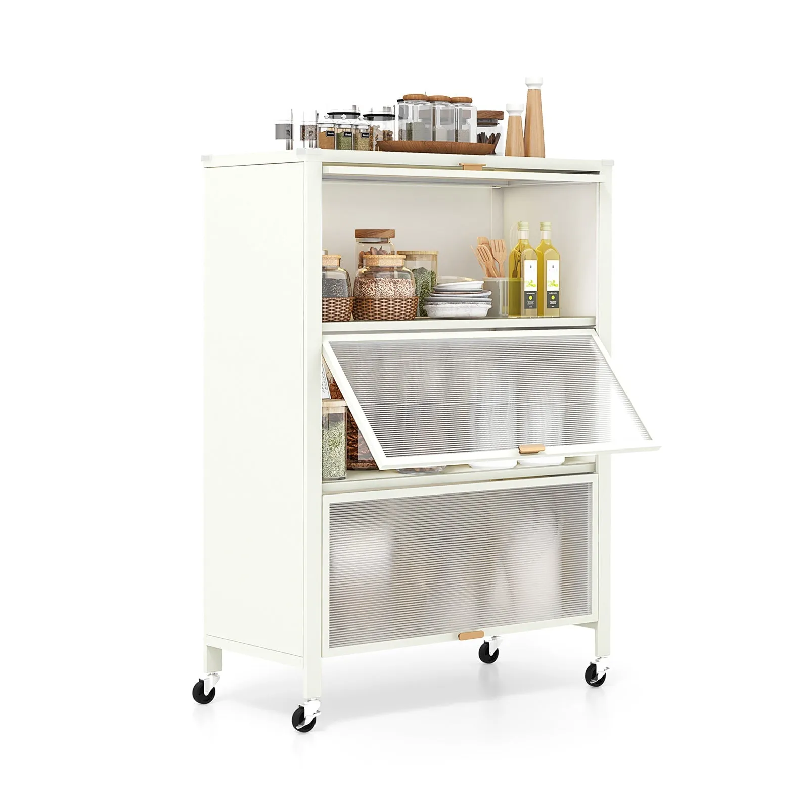 4-Tier Kitchen Bakers Rack with Flip Doors on Lockable Universal Wheels-White