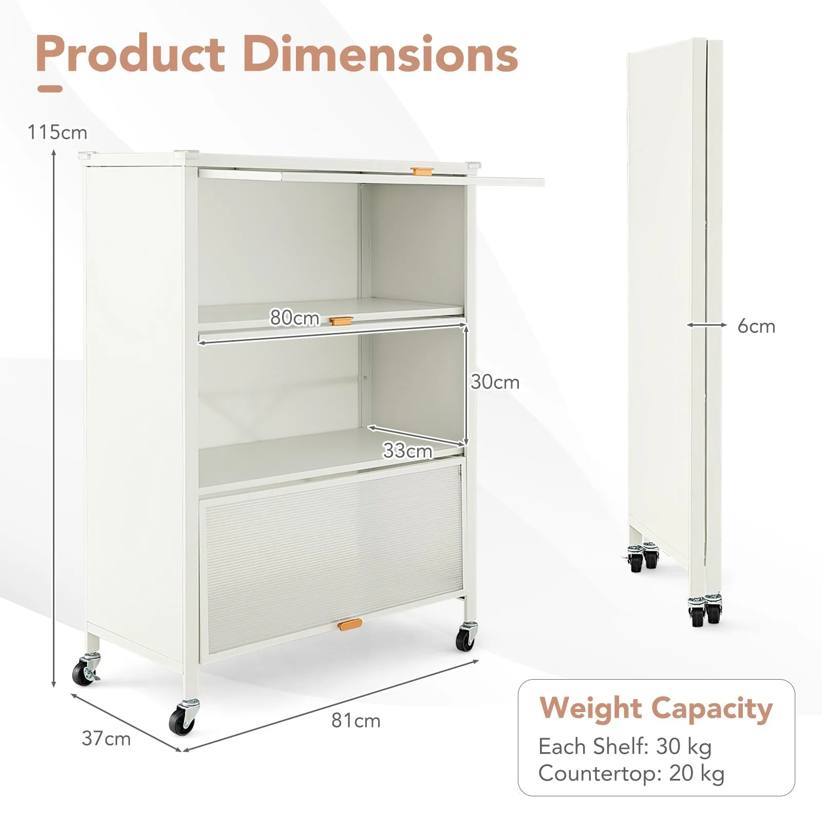 4-Tier Kitchen Bakers Rack with Flip Doors on Lockable Universal Wheels-White