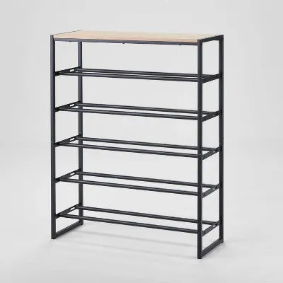 5 Tier Shoe Rack Black Metal with Natural Wood - Brightroom