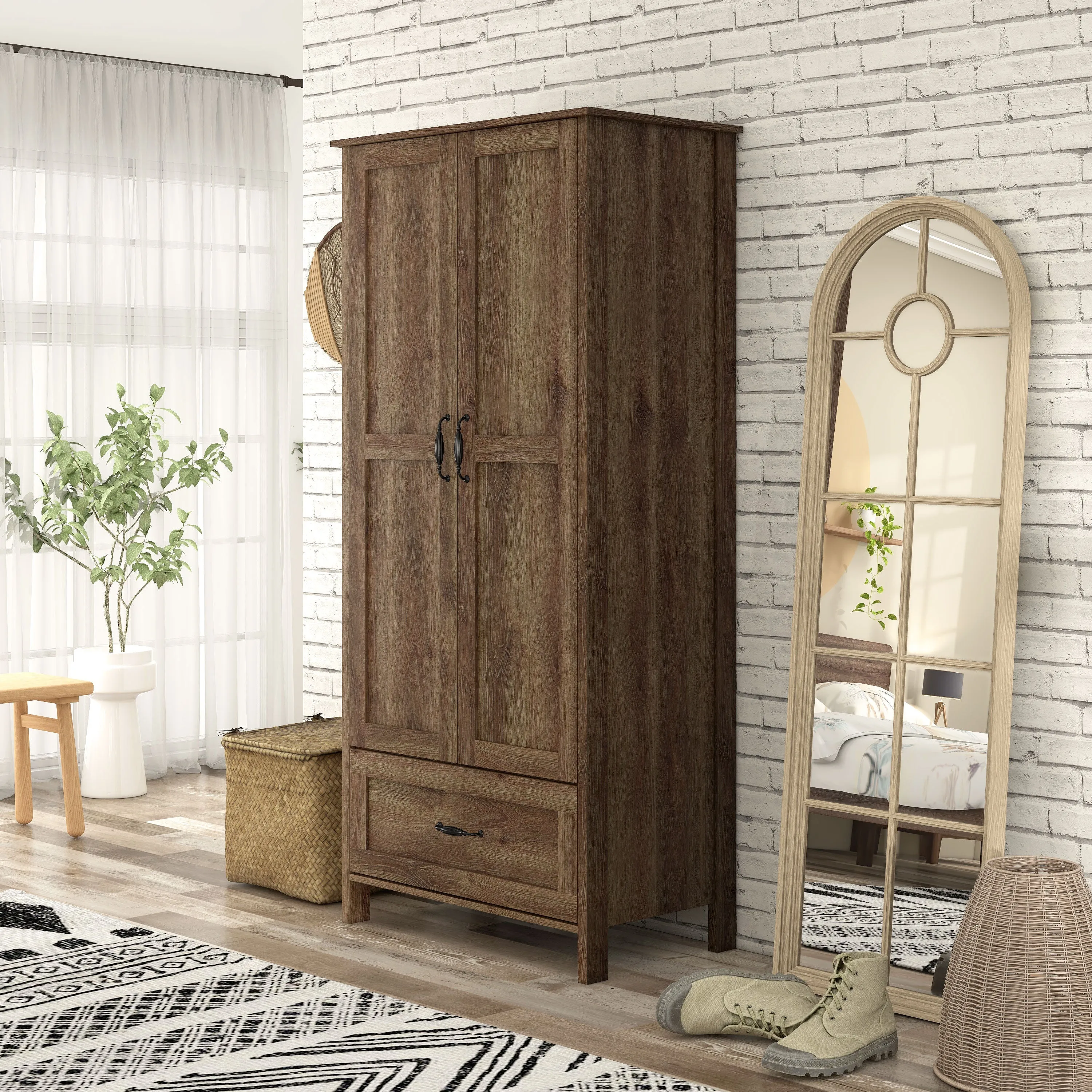 Booneville Rustic Distressed Walnut 2-door Wardrobe Closet with Drawer