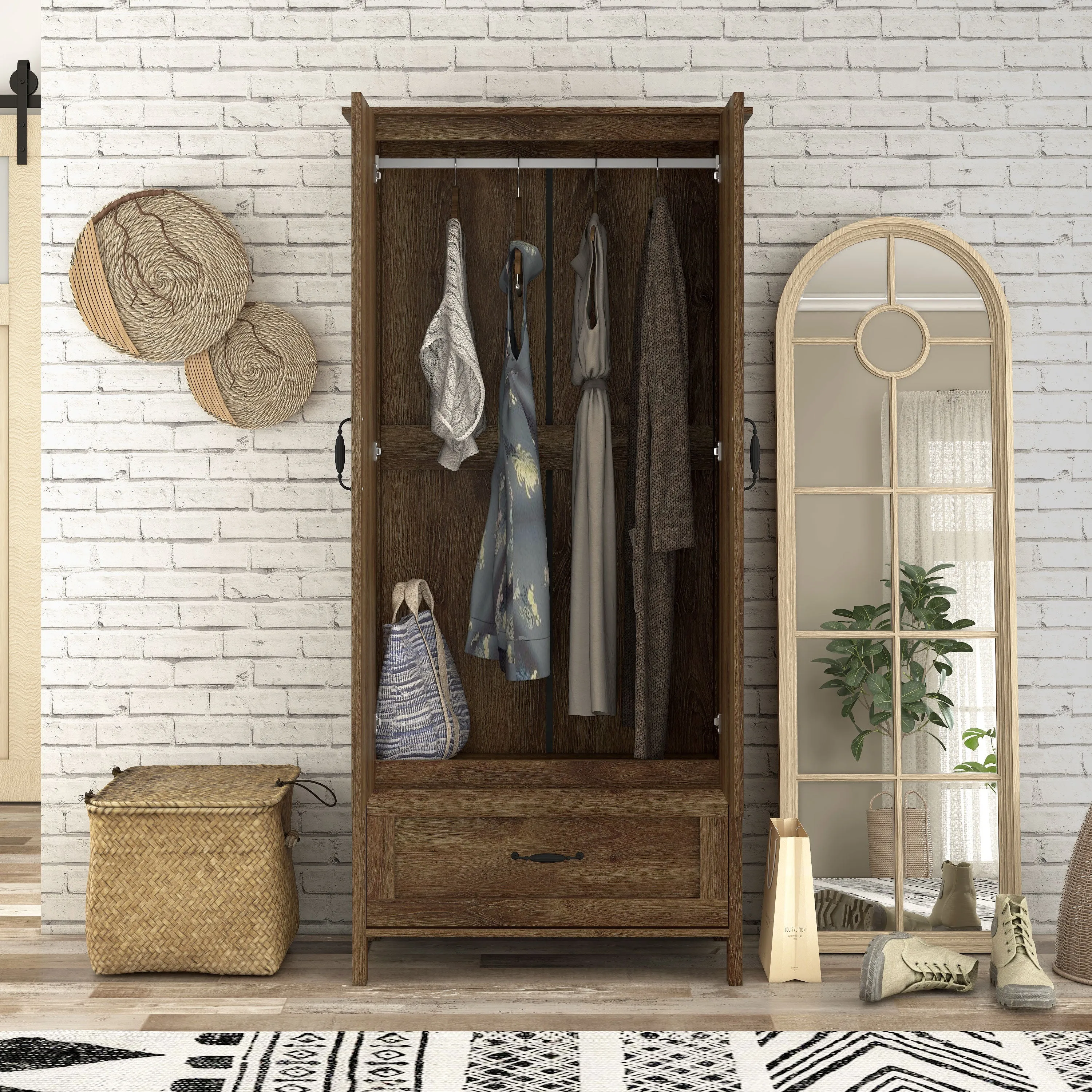 Booneville Rustic Distressed Walnut 2-door Wardrobe Closet with Drawer