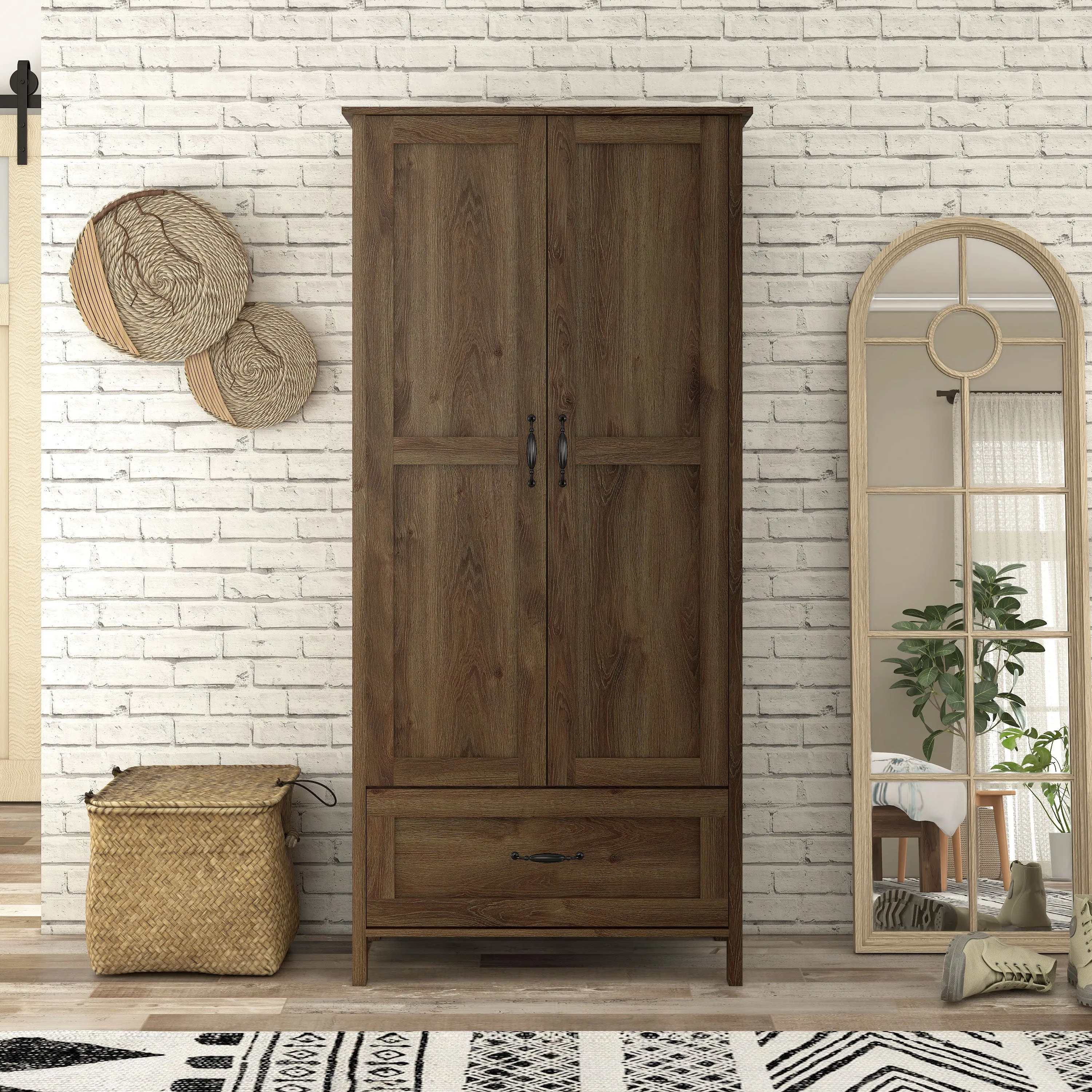 Booneville Rustic Distressed Walnut 2-door Wardrobe Closet with Drawer