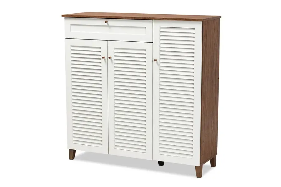 Clevedon Walnut Finished/White Door 11-Shelf Wood Shoe Storage Cabinet w/Drawer