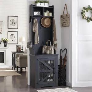 cozy Farmhouse Hall Tree with Bench and 20 Shoe Storage, Entryway Bench with Sliding Barn Door, and 12 Coat Hooks, White