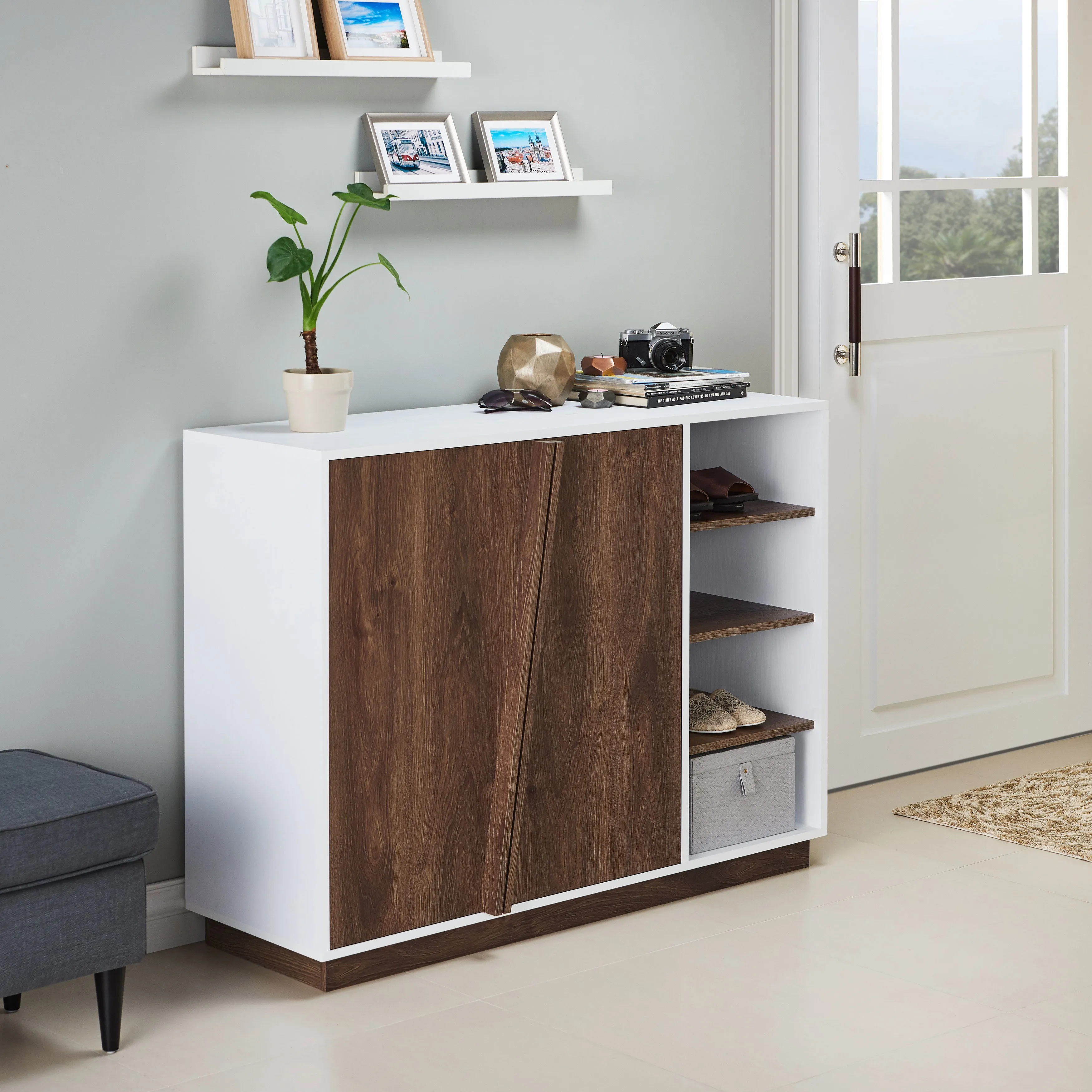 Helvend Modern White and Brown 8-shelf Shoe Cabinet (12-pairs)