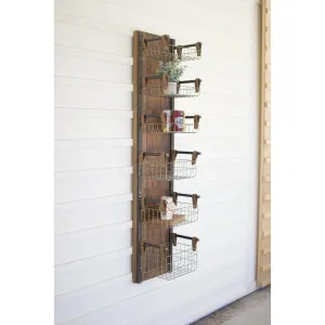 Kalalou - RECYCLED WOOD & METAL WALL RACK W SIX WIRE STORAGE BASKETS - CLL2257