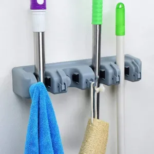 Kuber Industries Mop And Broom Holder | Wall Mounted Broom-Mop Holder | Broom-Mop Organizer For Home-Garden | Wall Mount Organizer | 4 Position And 5 Hooks | HJH-04HK-GRY | Gray