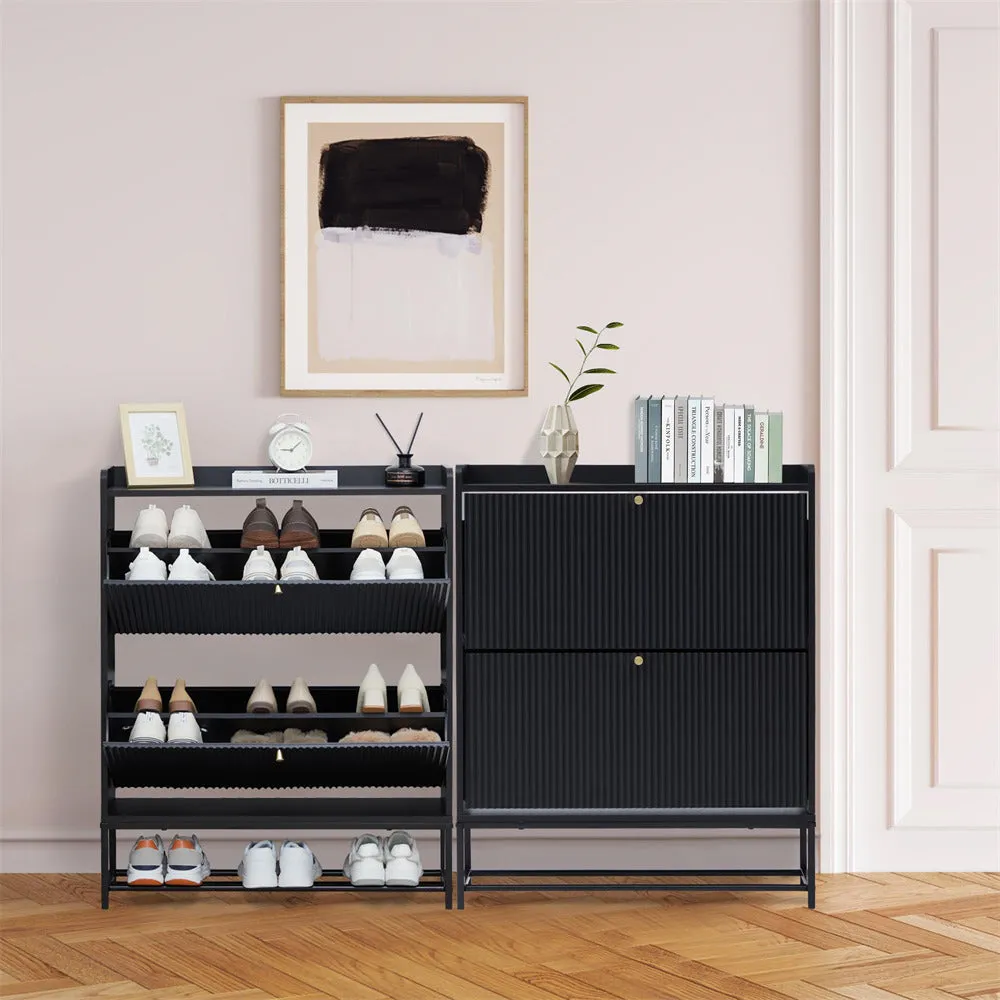 Modern Fluted Shoe Cabinet Entryway Shoe Rack with 2 Flip Drawers and Metal Legs