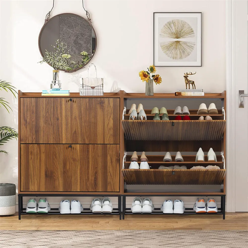 Modern Fluted Shoe Cabinet Entryway Shoe Rack with 2 Flip Drawers and Metal Legs