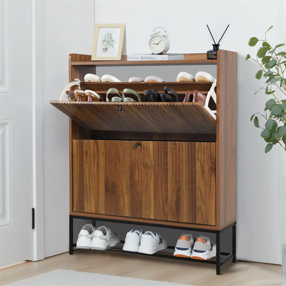 Modern Fluted Shoe Cabinet Entryway Shoe Rack with 2 Flip Drawers and Metal Legs