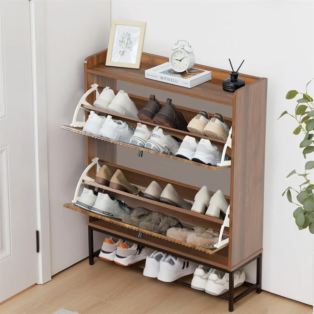 Modern Fluted Shoe Cabinet Entryway Shoe Rack with 2 Flip Drawers and Metal Legs