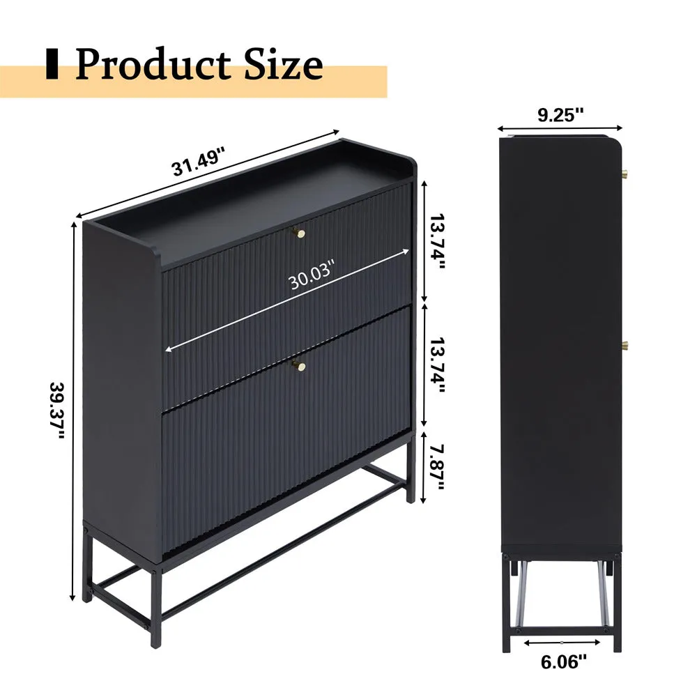 Modern Fluted Shoe Cabinet Entryway Shoe Rack with 2 Flip Drawers and Metal Legs