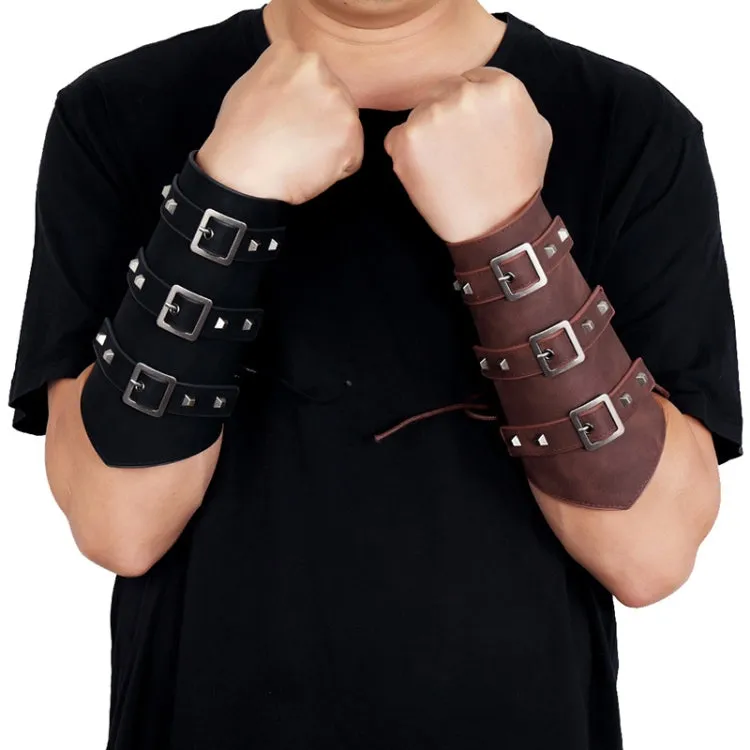 P01994 Men Leather Bracer Personality Punk Riding Arm Guard(Brown)