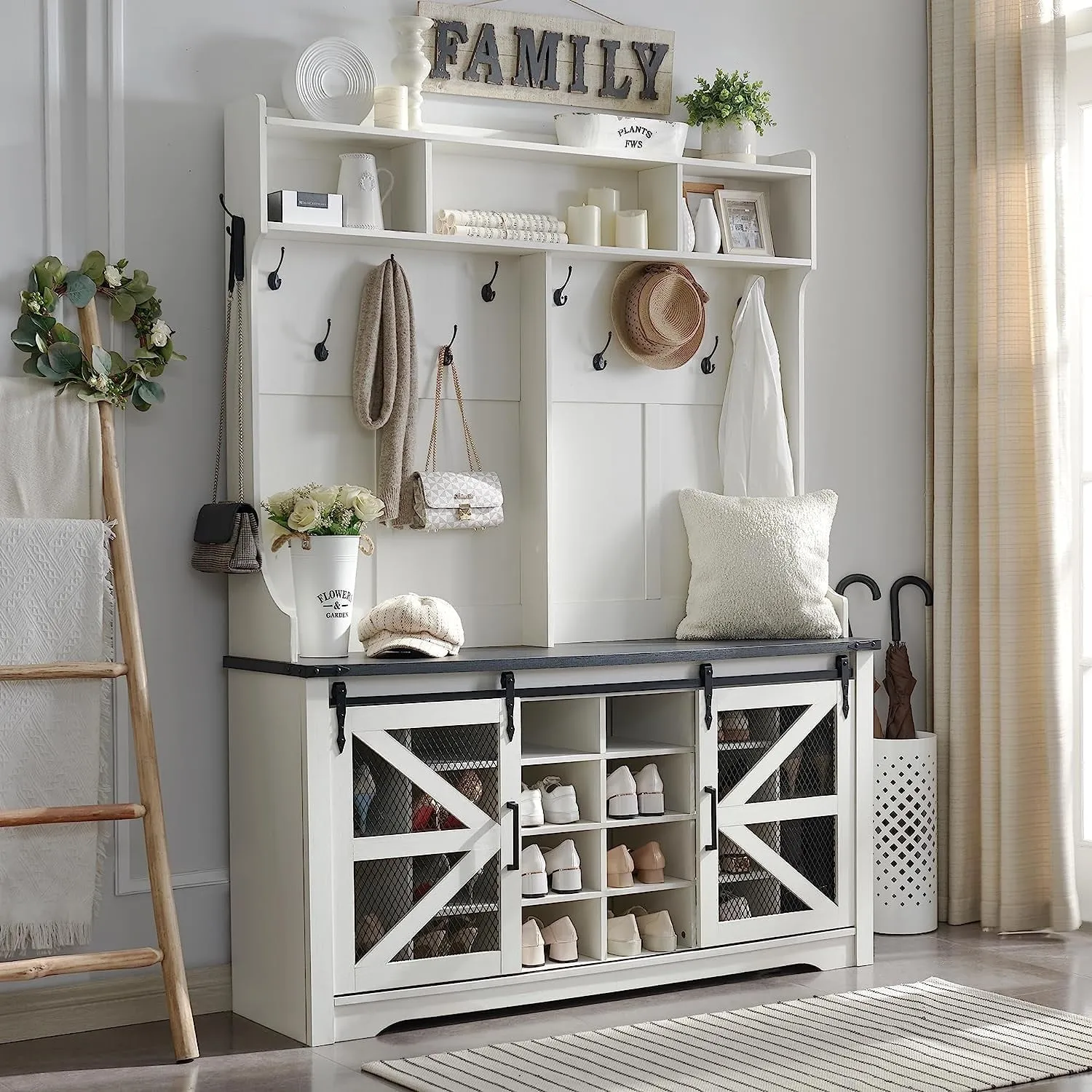 relaxed Farmhouse Hall Tree with Bench and 20 Shoe Storage, Entryway Bench with Sliding Barn Door, and 12 Coat Hooks, White