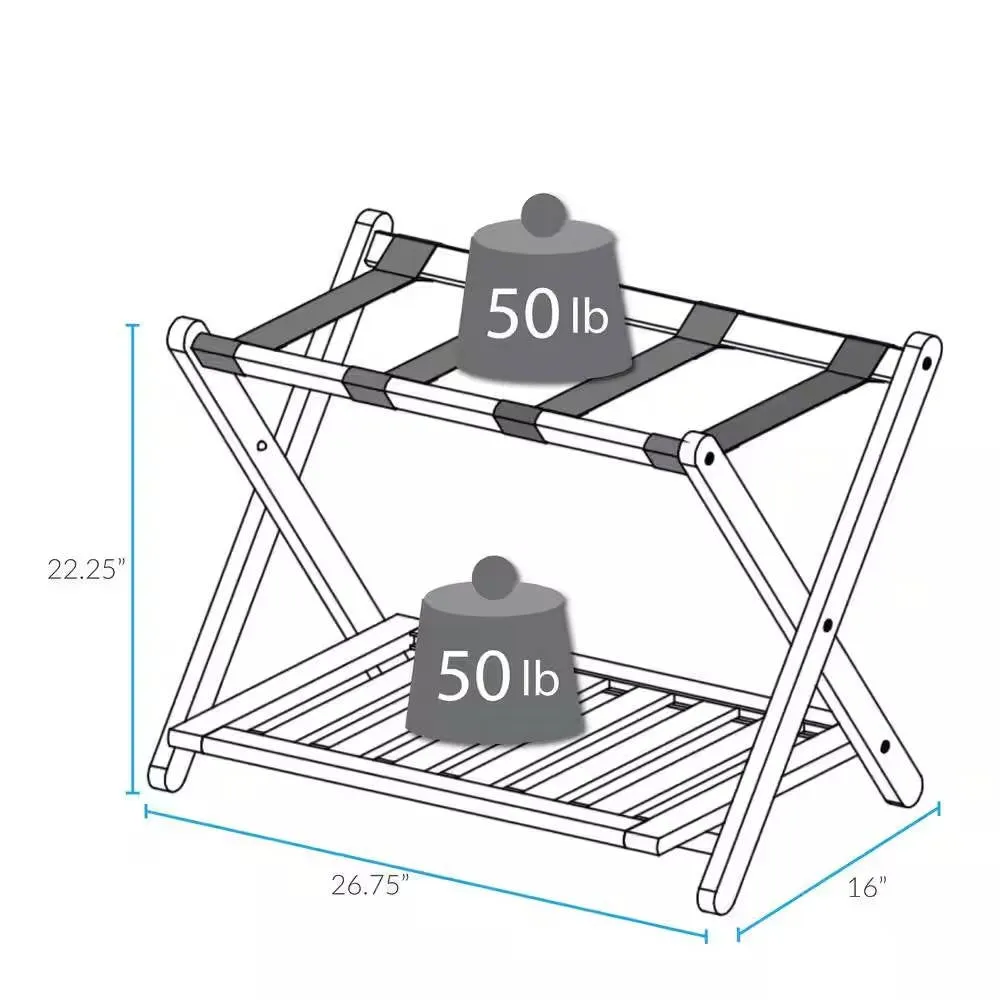 Solid Wood Luggage Rack with Bottom Storage Shelf in Natural with Black Straps