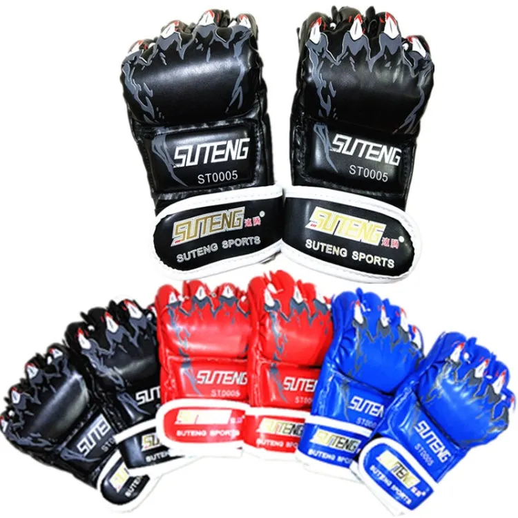 SUTENG Half Fingers PU Leather Adults Training UFC Boxing Gloves(Blue)