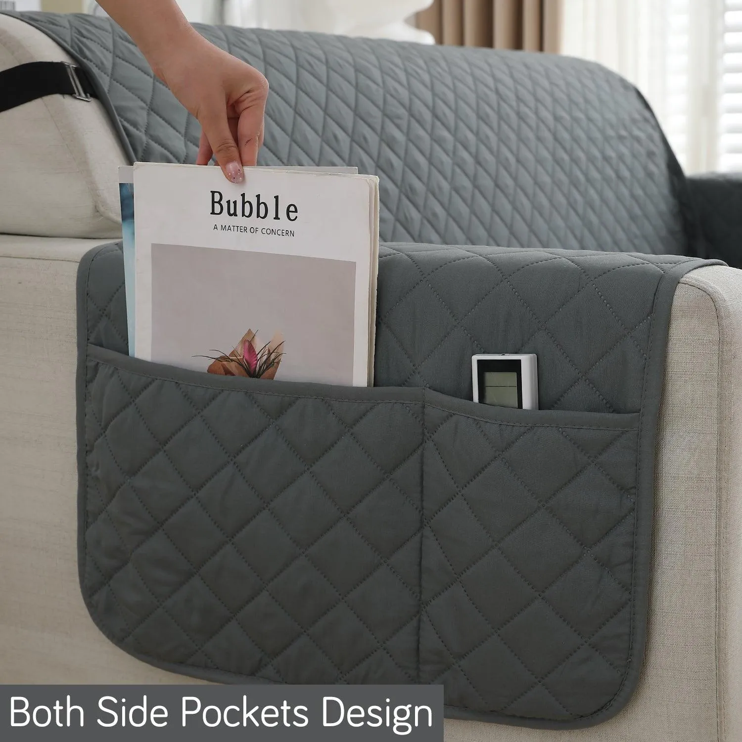 Waterproof & Quick-Dry Quilted 1/2/3-Seater Sofa Cover with Pockets on Armrest, Dark Grey