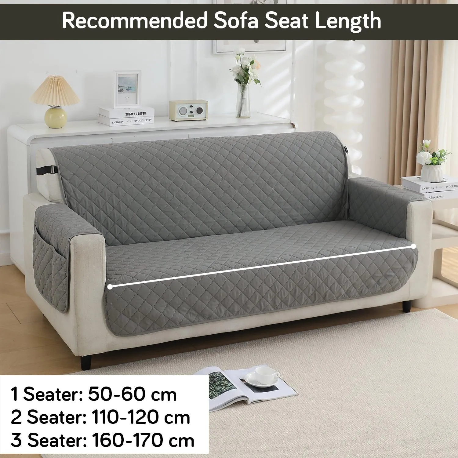 Waterproof & Quick-Dry Quilted 1/2/3-Seater Sofa Cover with Pockets on Armrest, Light Grey