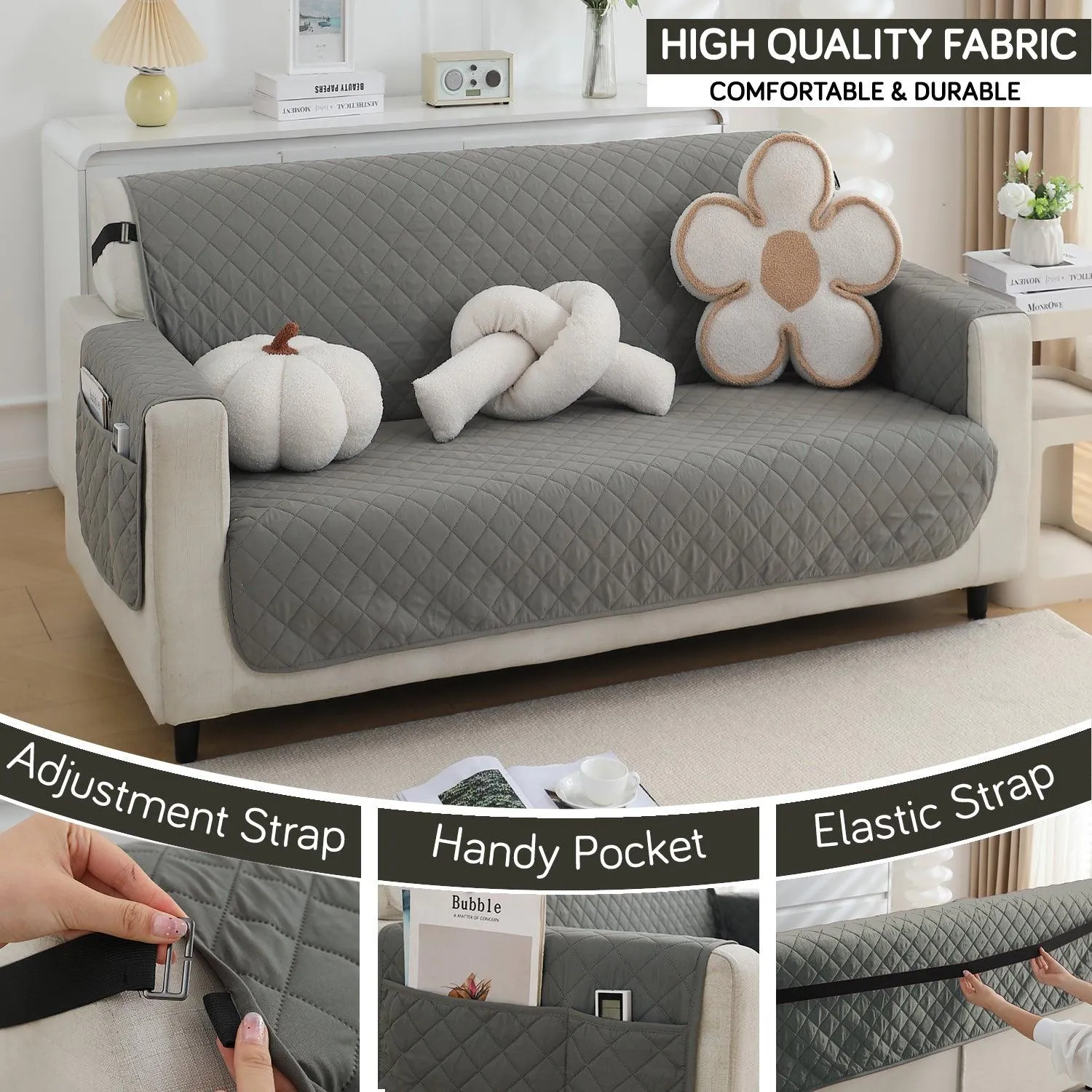 Waterproof & Quick-Dry Quilted 1/2/3-Seater Sofa Cover with Pockets on Armrest, Light Grey